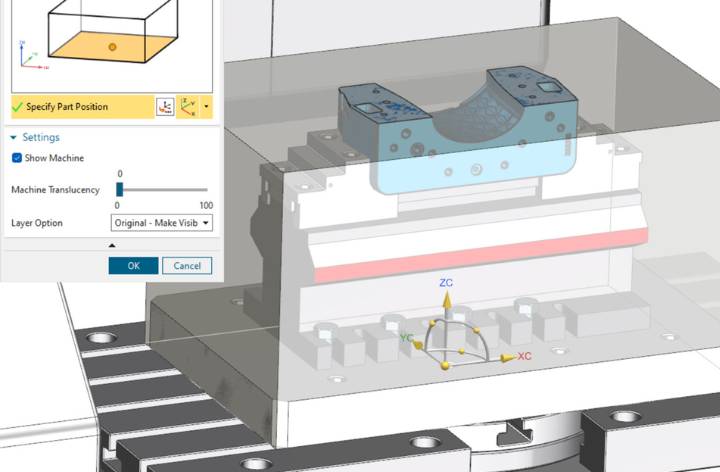 Position part and fixtures in machine context