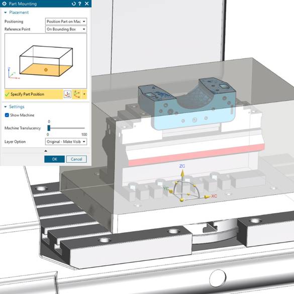 Position part and fixtures in machine context